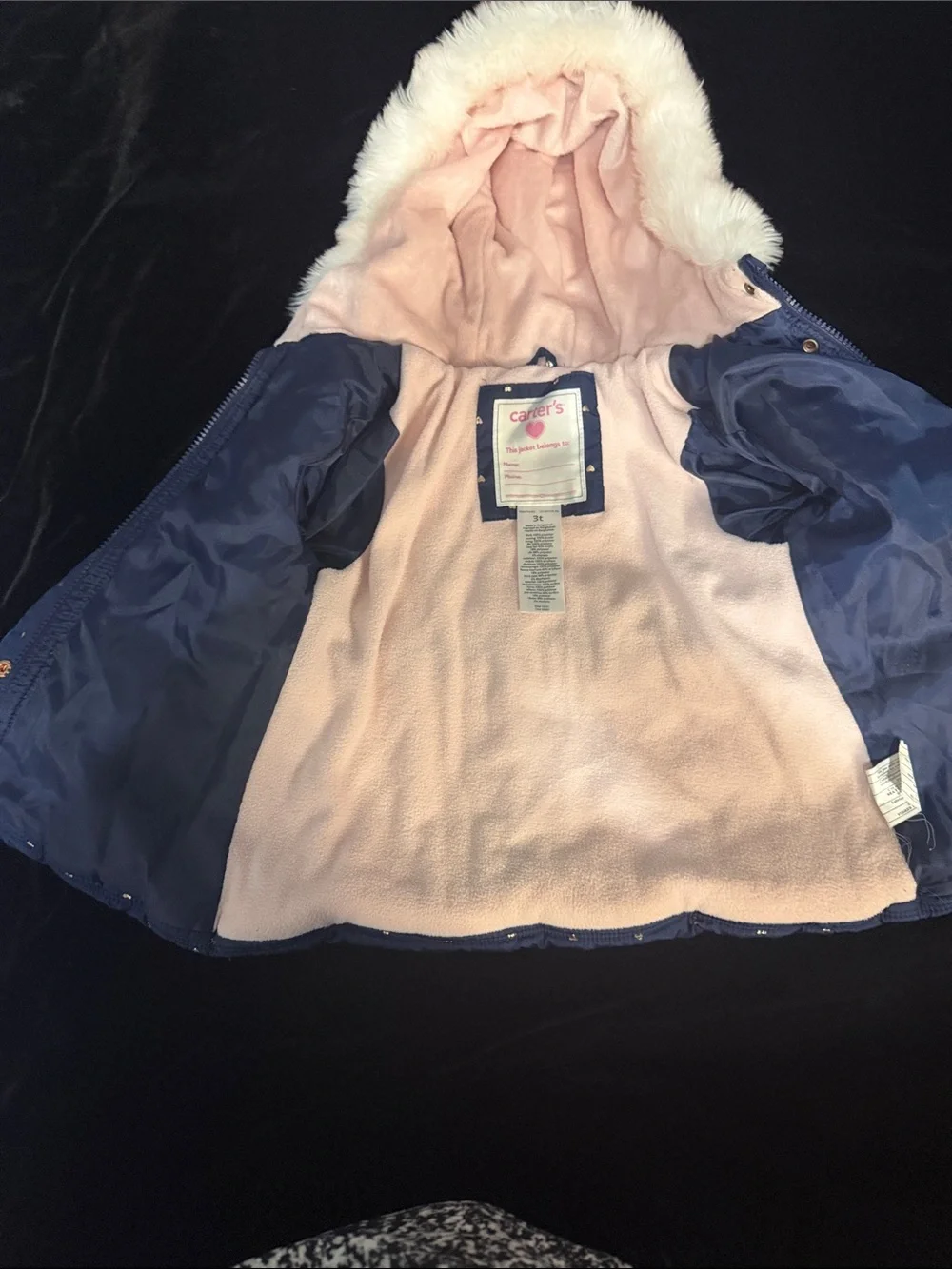 Carter's Navy Puffer Jacket with Faux Fur Trim and Gold Hearts